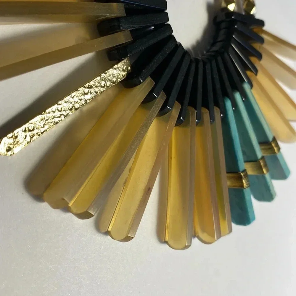 NEW Fair Trade Beaded Fan Statement Large Necklace Rope Gold Black Turquoise - Picture 3 of 12